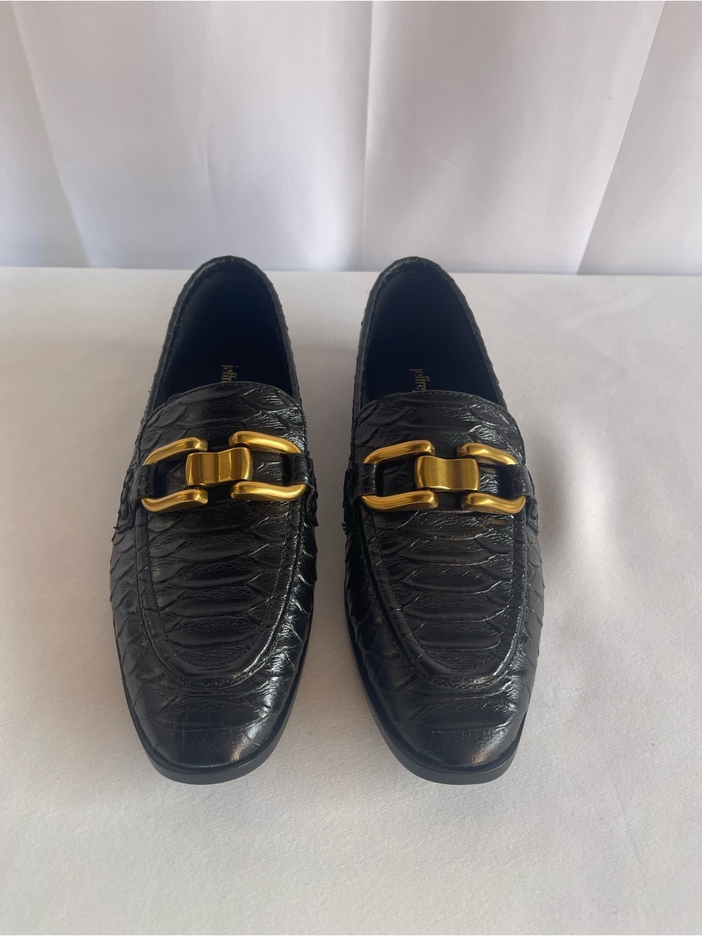 Jeffrey Campbell Black Croc-Embossed Loafers with Gold Hardware